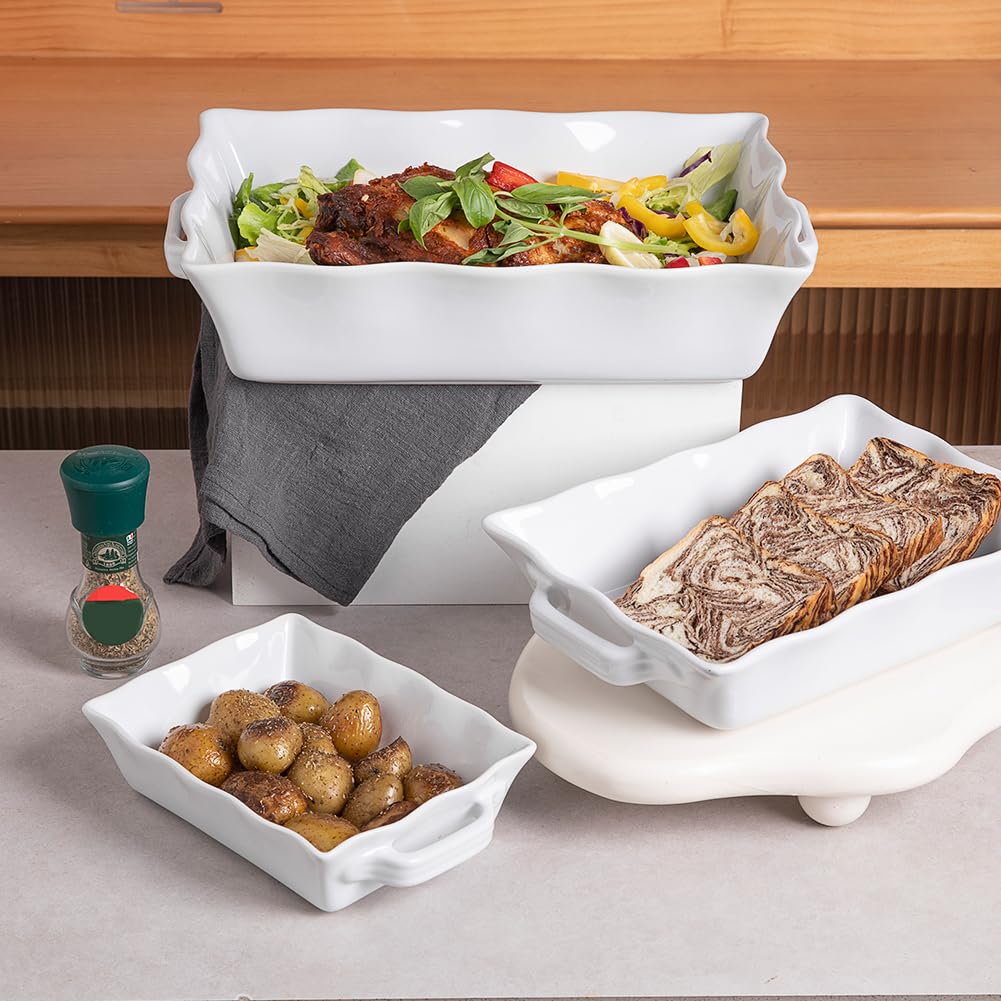 Sweejar Casserole Dishes for Oven, Ceramic Bakeware Set of 3, Rectangular Baking dish with Handles, Wave Edge Lasagna Pan Deep for Cooking, Cake, Dinner, Banquet and Daily Use (White)