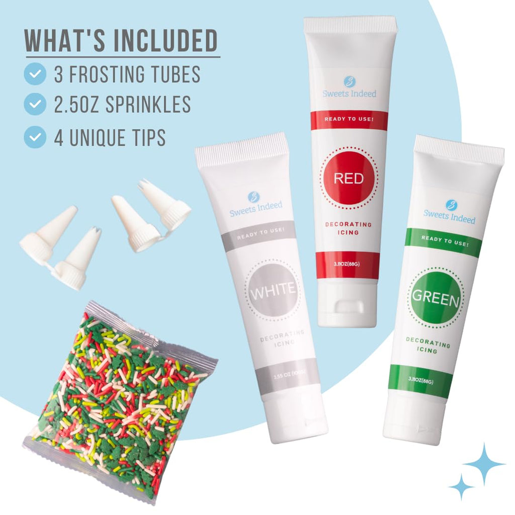 Sweets Indeed Christmas Cookie Decorating Kit – 11.31 oz | 3 Frosting Tubes (Red, Green & White) + 4 Decorating Tips + 2.5 oz Holiday Sprinkles for Christmas Cookies, Cupcakes & Cakes