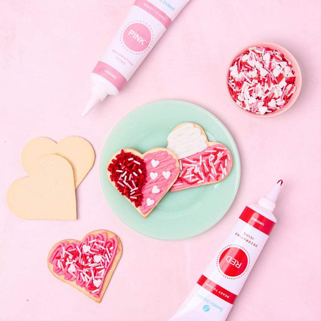 Sweets Indeed Valentines Day Frosting Decorating Set | Red White & Pink Frosting Tubes, Decorating Nozzles & Heart Jimmies Sprinkles | Baking Kit | 11.31 ounces