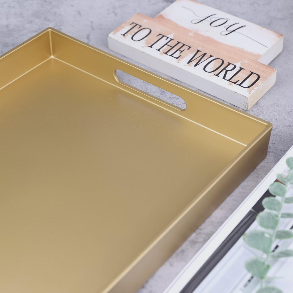SforGUVA Gold Serving Tray for Coffee Table, Rectangular Plastic Decorative Tray with Handles for Entertaining, Outdoor Patio, Living Room, Ottoman, Bathroom Counter, 11.8”*15.7”*1.6”