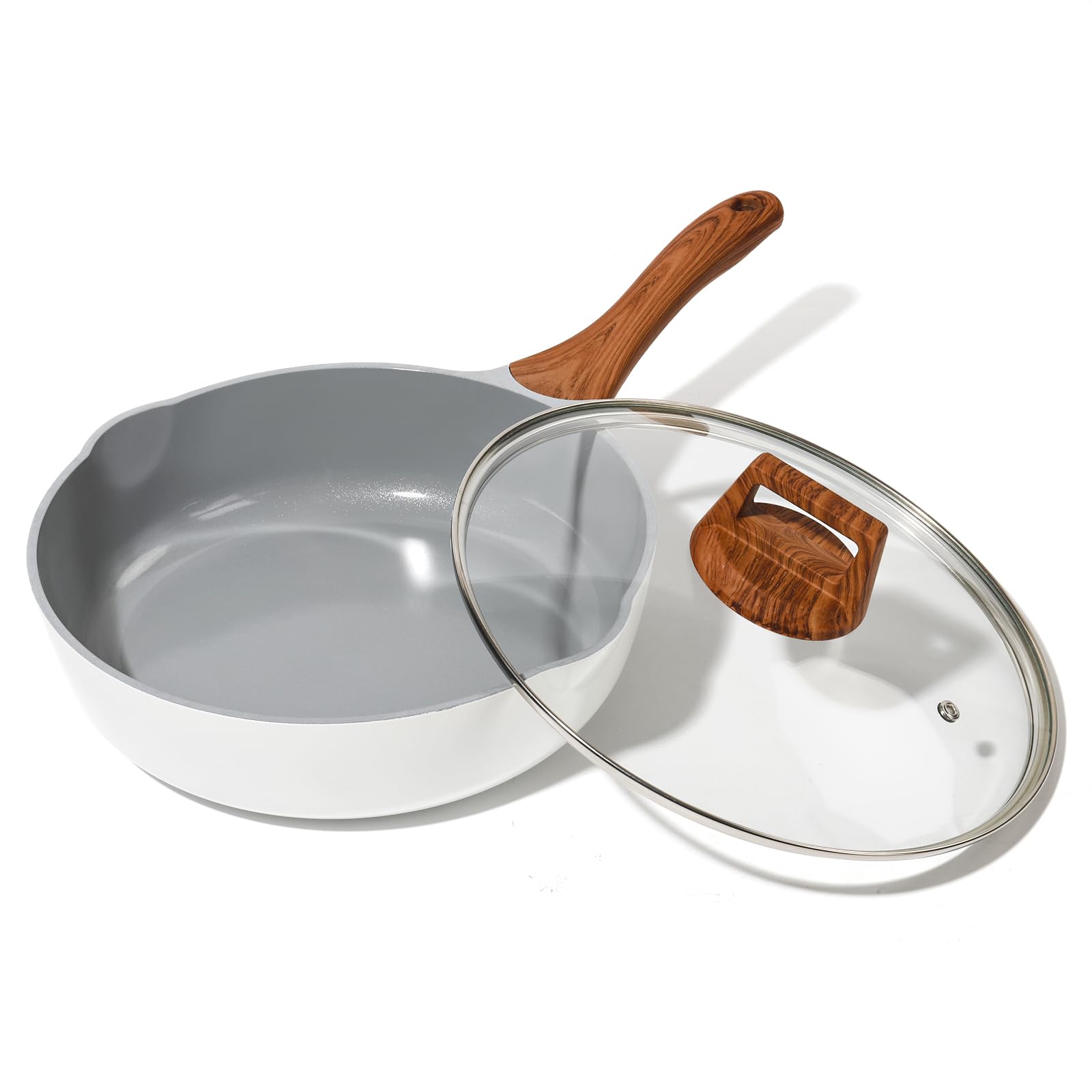Nonstick Frying Pans With Lid, 11 Inches Skillets Deep Frying Pan Non stick, Ceramic Frying Pans With Pour Spout, Non Toxic Frying Pan for Stove, Induction, Gas, PB/CD/PFOA Free (White,11 Inches)