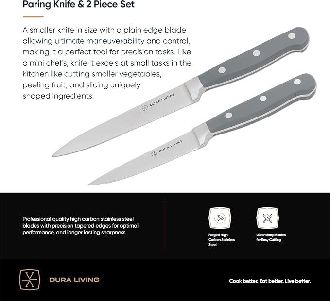 DURA LIVING 3.5 Inch Paring Knife – Essential High Carbon Stainless Steel, Razor-Sharp, Multipurpose Small Kitchen Knife, Ergonomic Handle, Perfect for Precision Tasks, Sleek Gray Design