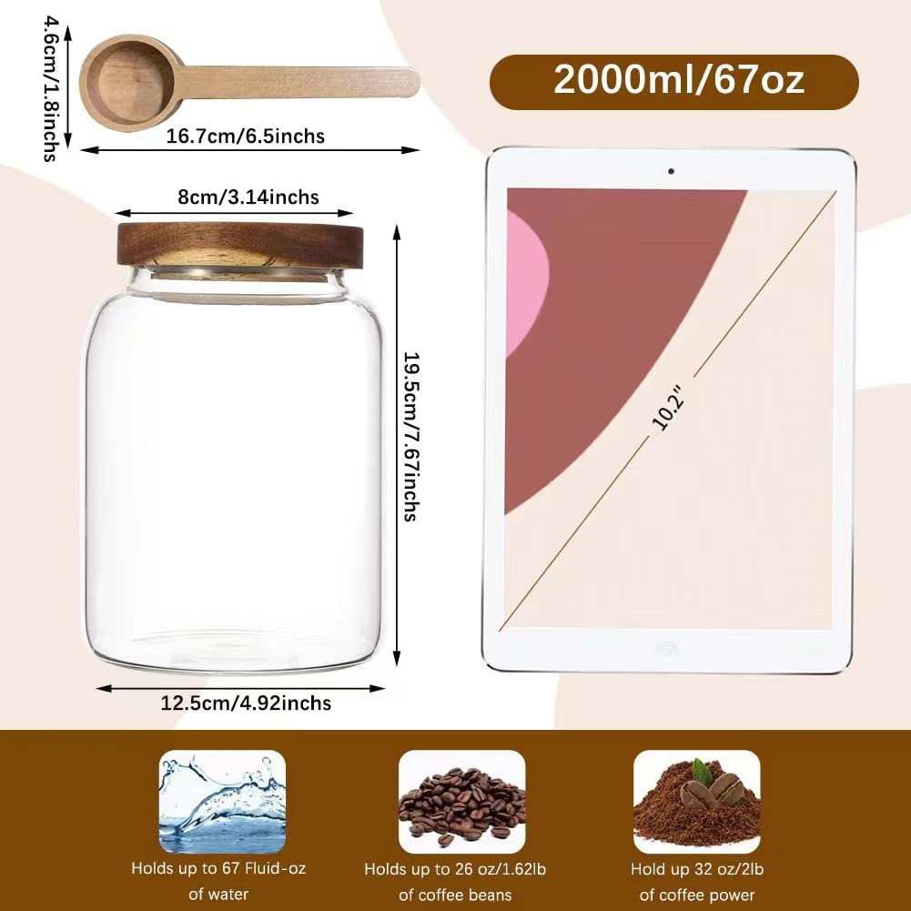 OULOVECO Glass Coffee Storage Jar with Lids Scoop Round Glass Coffee Ground Containers Borosilicate Glass Food Canister for Cereals Oats Beans Nut Sugar Candy Spice Rice Tea