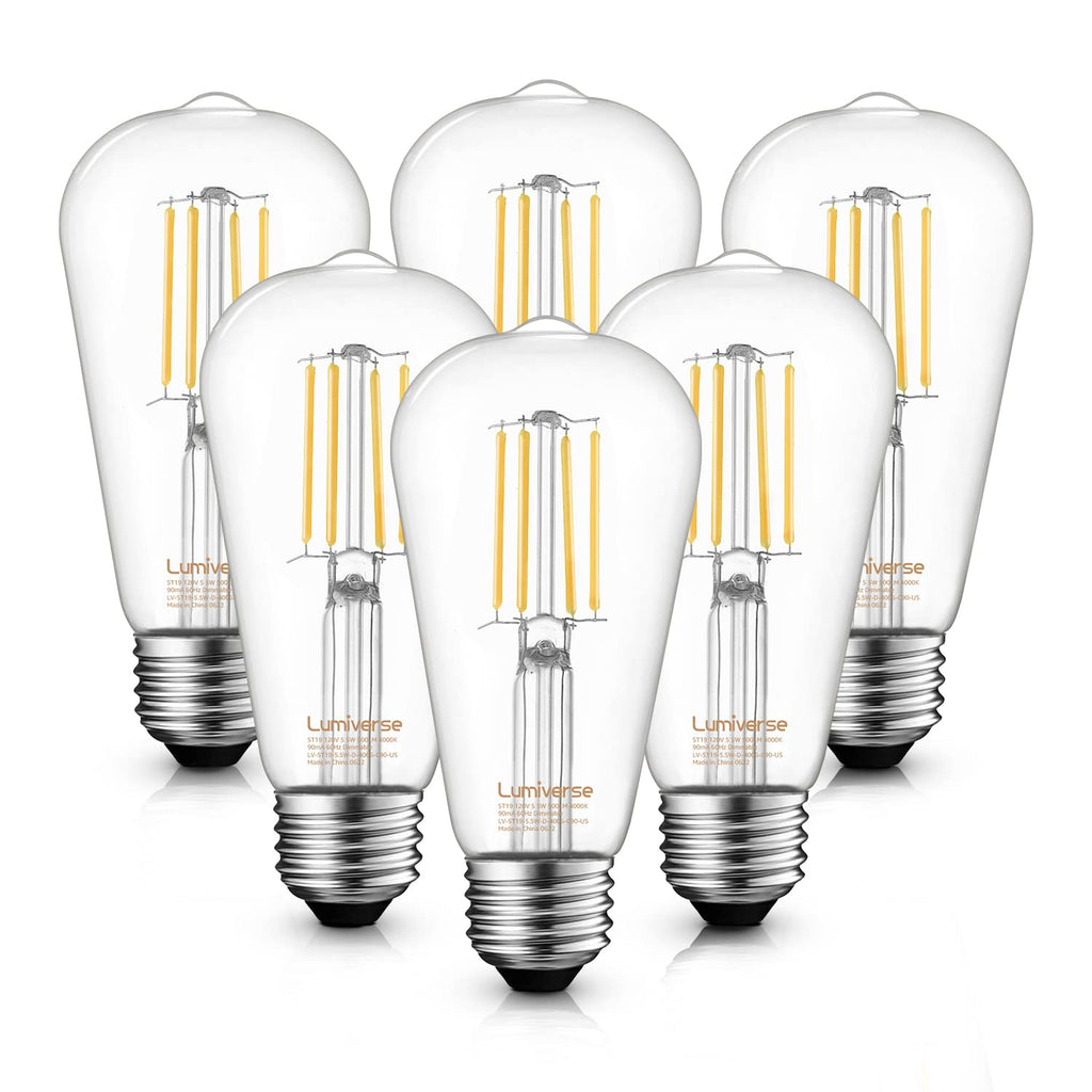 ST19 Dimmable LED Edison Bulb, 5.5W (60W Equivalent) 500LM CRI 95+, 4000K Cool White, E26 Medium Base Vintage Filament, Clear Glass, Standard Type A Lamp for Kitchen, Bathroom, Bedroom, 6 Pack