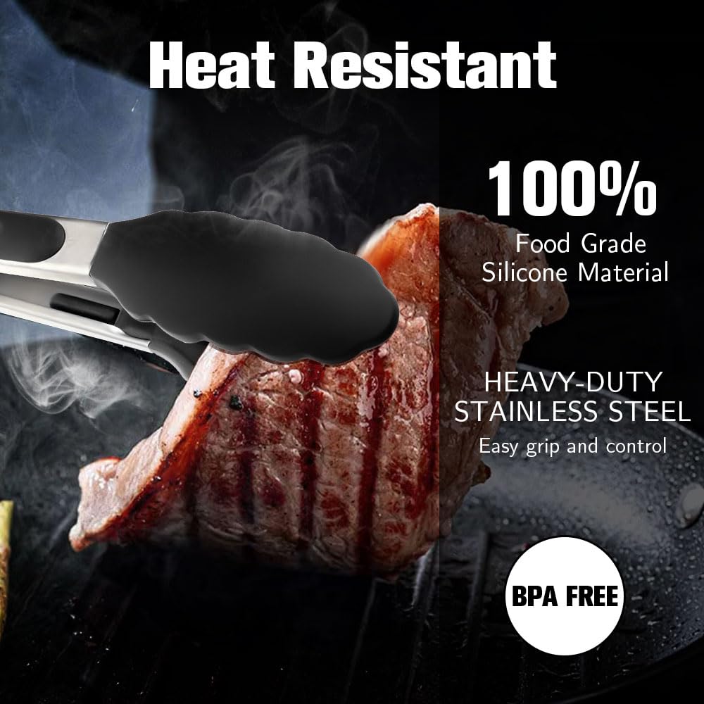 Kitchen Tongs 9'' and 12'' Tongs for Cooking 2 Pcs Black Silicone Tongs Stainless Steel Locking Food Tongs with Silicone Tips Heat Resistant Serving Tong for BBQ Food Grilling Salad Kitchen Utensils