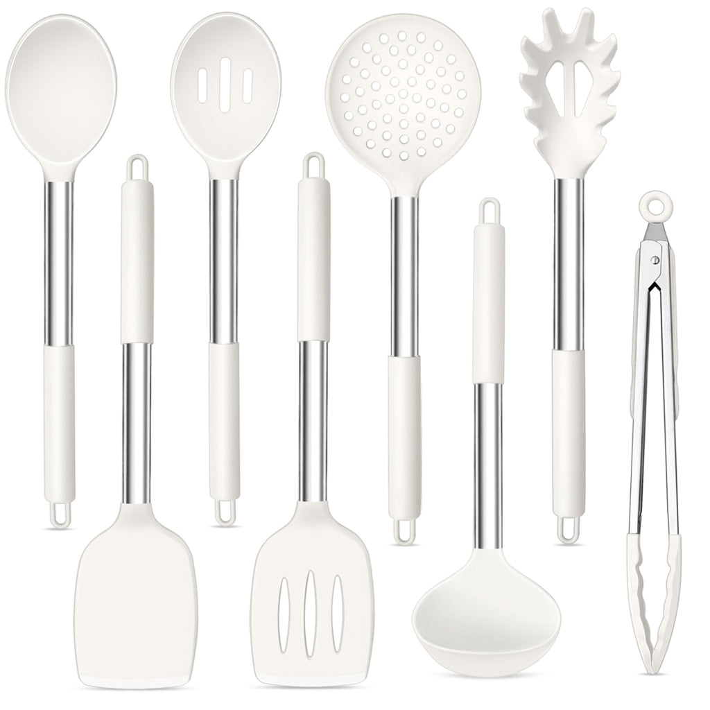 TeamFar Kitchen Utensils Set of 8, Silicone Utensils Kitchen Tools-White