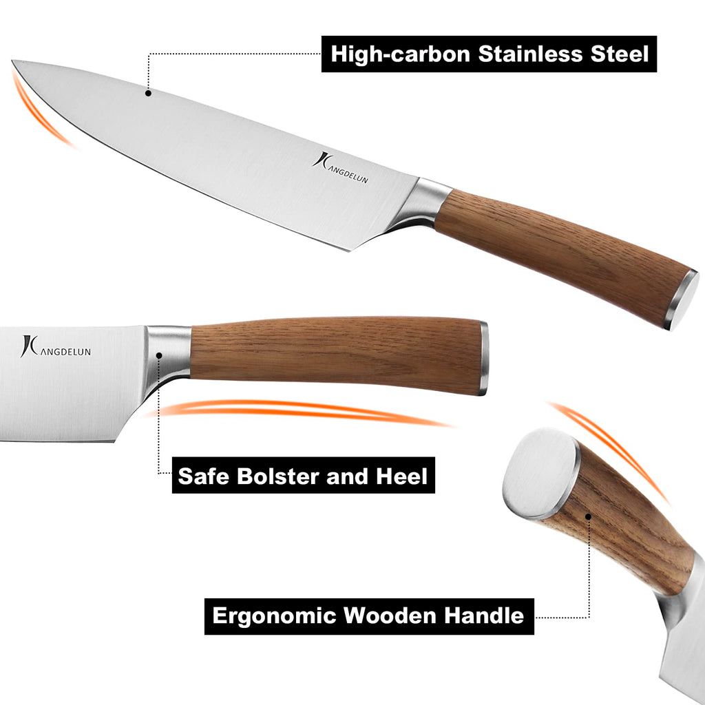 kangdelun 4-Piece Kitchen Knife Set, 50Cr15MoV High-Carbon Stainless Steel, 56-58 HRC Ultra Sharp, Dark Ash Wood Handle, 8" Chef, 8" Bread, 7" Santoku & 5" Utility, Magnetic Gift Box