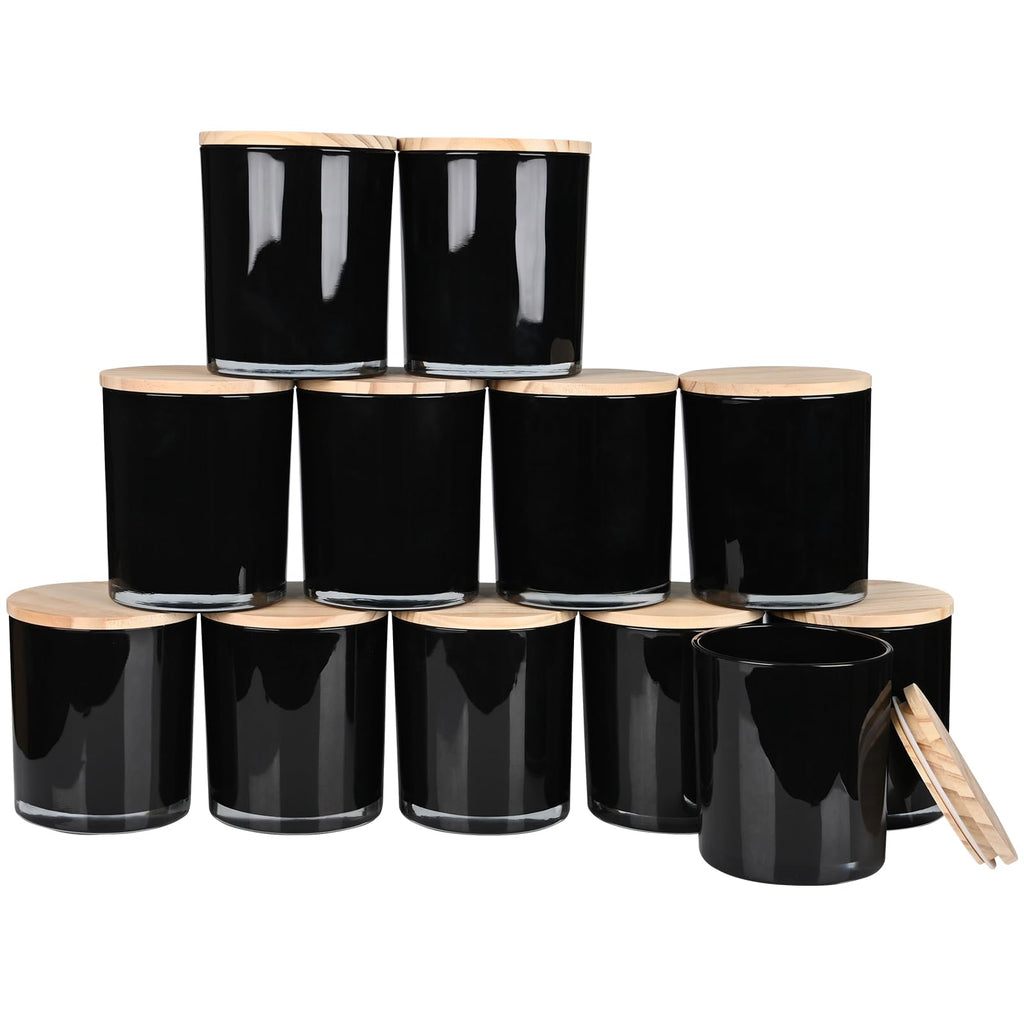 SHOWIN Thick Candle Jars for Making Candles 12 Pcs, 14 OZ Empty Jars with Wood Lids for Candle Making, Sample Container, Inner Black