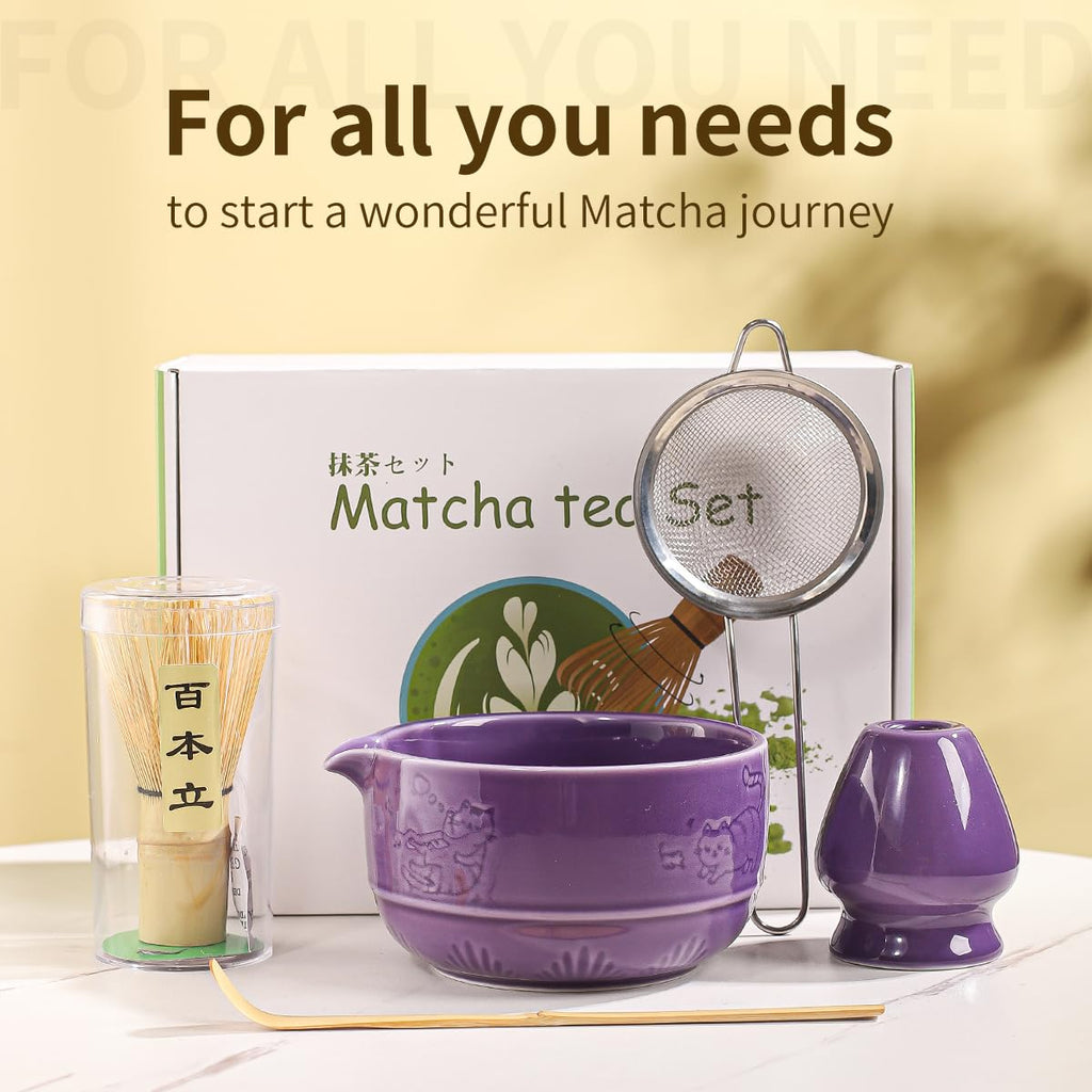 Matcha Tea Set, 5-Piece Ceramic Matcha Bowl & Whisk Kit with Cute Cat Pattern, Traditional Japanese Chawan, Scoop & Sifter, Perfect for Tea Ceremony, Gift for & Tea Lovers (Purple;)