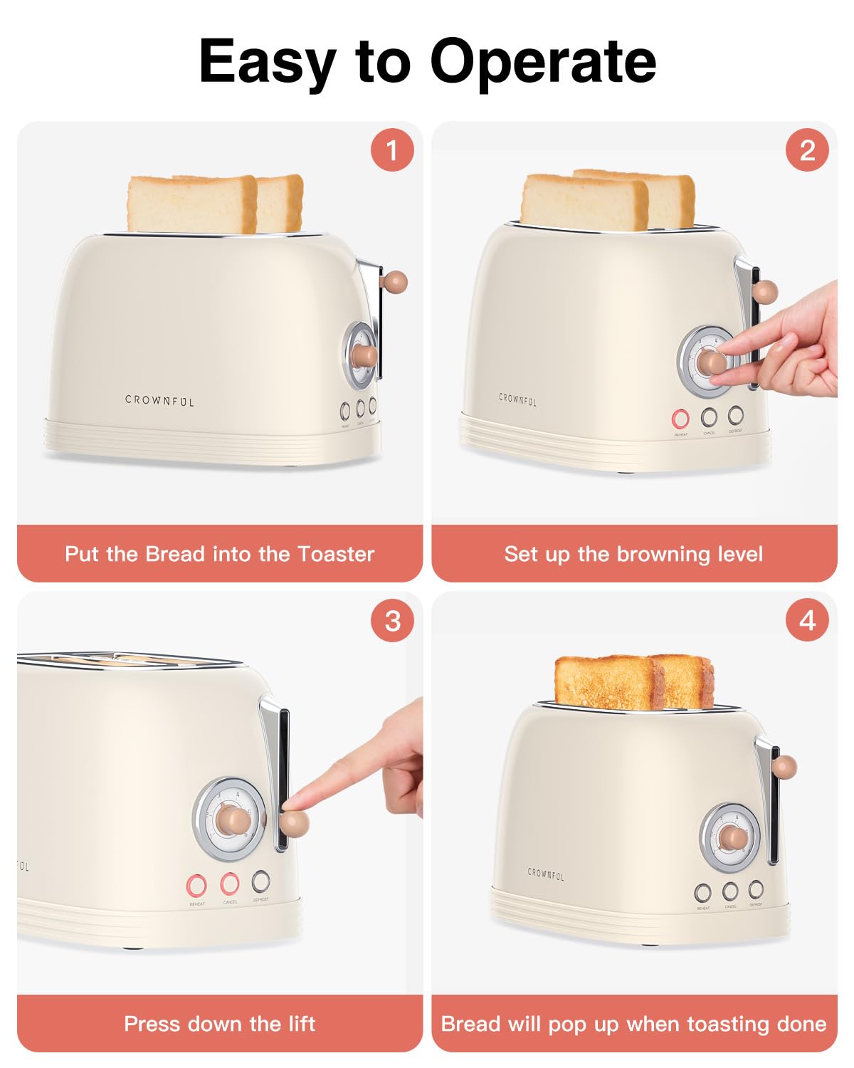 CROWNFUL 2-Slice Toaster, Extra Wide Slots Toaster, Retro Stainless Steel with Bagel, Cancel, Defrost, Reheat Function and 6-Shade Settings, Removal Crumb Tray, Cream