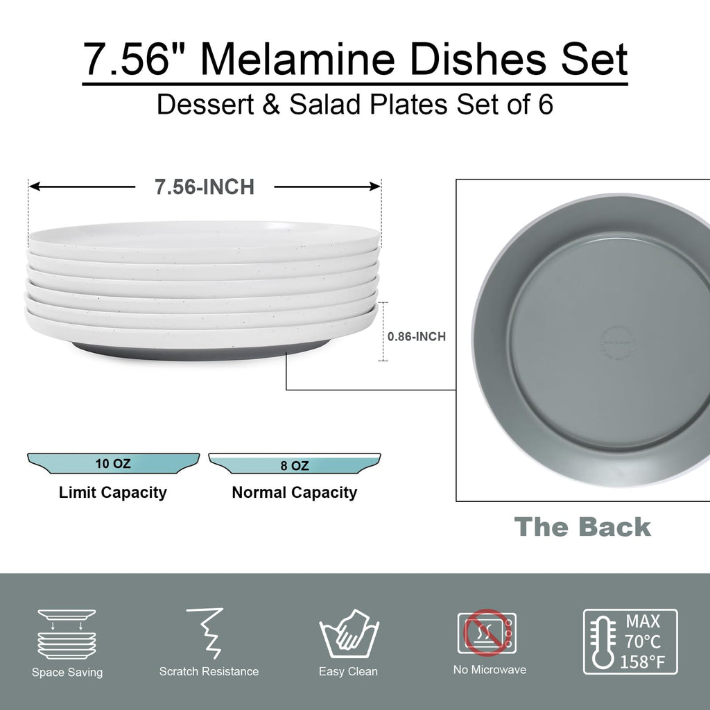 Webbylee Melamine Dessert Plates Set of 6-7.5" Serving Durable Dishes Perfect for Kitchen Outdoor Use,Durable Small Plates for Salad-White & Grey