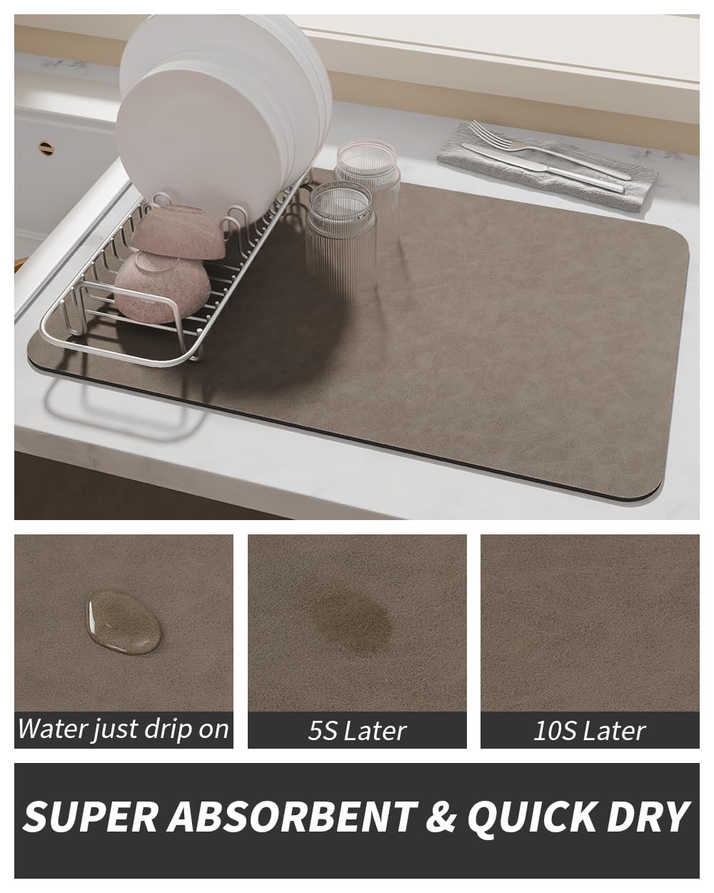 AMOAMI-Coffee Mat Hide Stain Rubber Backed Absorbent Dish Drying Mat for Kitchen Counter-Coffee Bar Accessories Fit Under Coffee Maker, Espresso Machine, Pot, Dish Rack Brown 1624