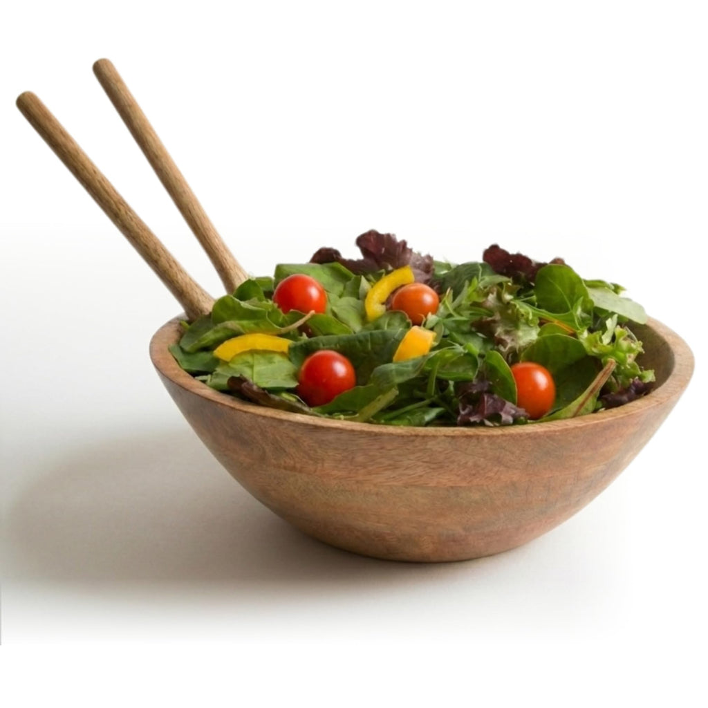 Large Wooden Salad Bowl 11.5 Inches with Serving Utensils, Wooden Fruit Bowl, Mango Wood Bowl Set for Serving, Large Wood Salad Bowl for Family Meals, Pasta, Popcorn, Handcrafted Wooden Serving Bowl