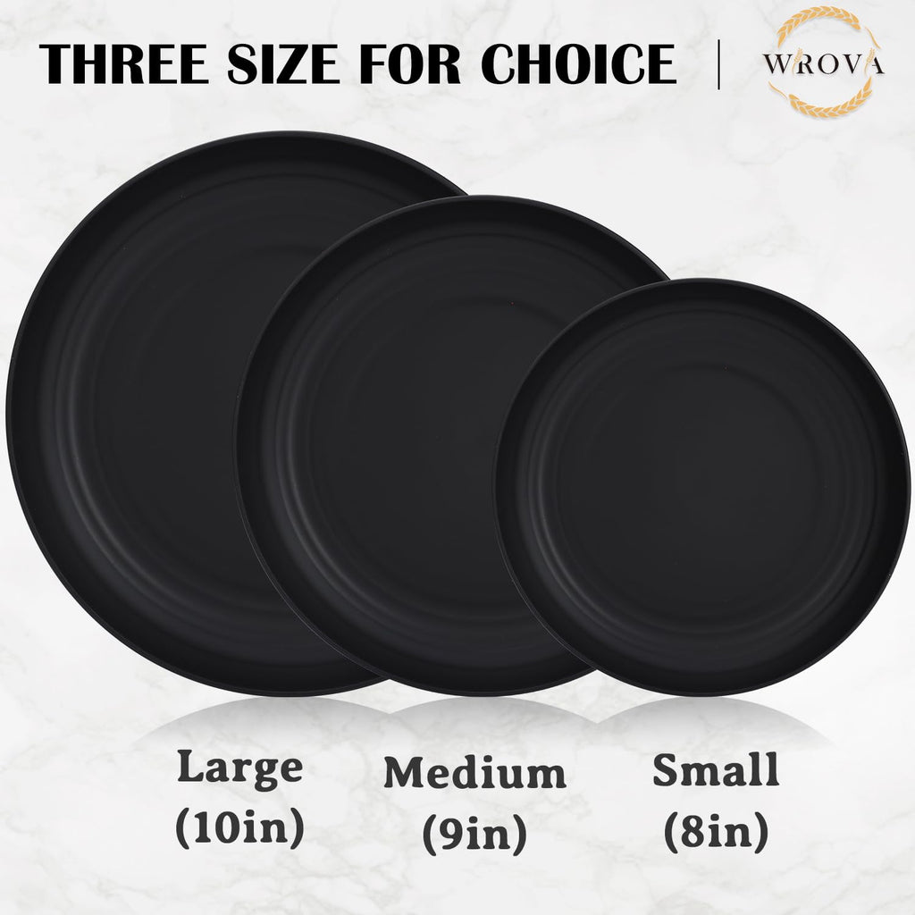 Wrova Wheat Straw Plates - 8 Inch Unbreakable Dinner Plates Set of 8 - Dishwasher & Microwave Safe Plastic Plates Reusable - Lightweight Plates for kitchen,R.V (pure black)
