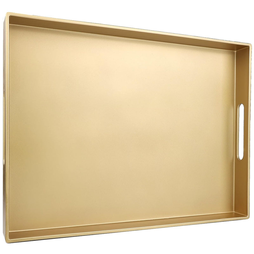 SforGUVA Gold Serving Tray for Coffee Table, Rectangular Plastic Decorative Tray with Handles for Entertaining, Outdoor Patio, Living Room, Ottoman, Bathroom Counter, 11.8”*15.7”*1.6”