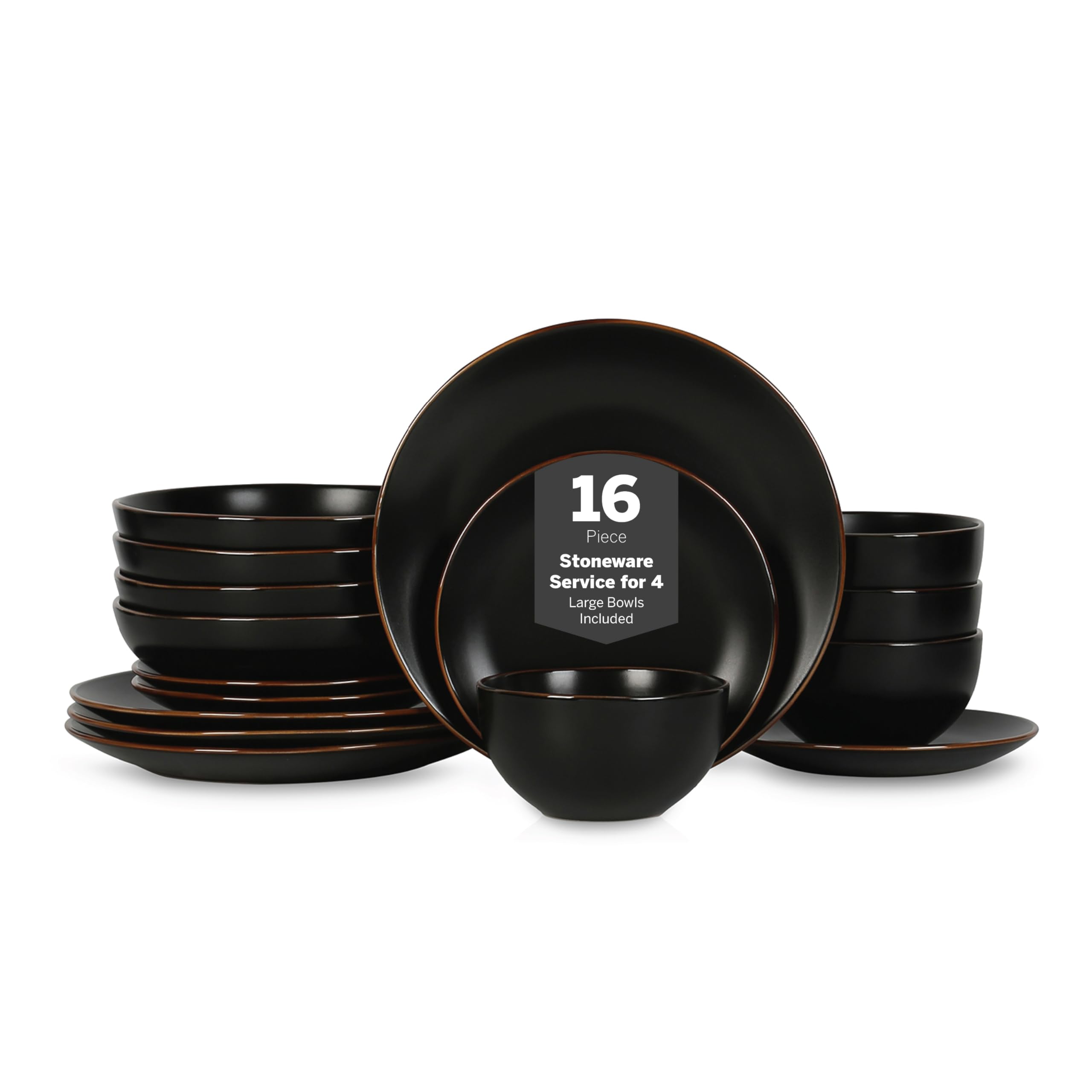 Stone Lain Brasa Stoneware 16 Piece Modern Dinnerware Set, Plates and Bowls, Service for 4, Black, Microwave & Dishwasher Safe