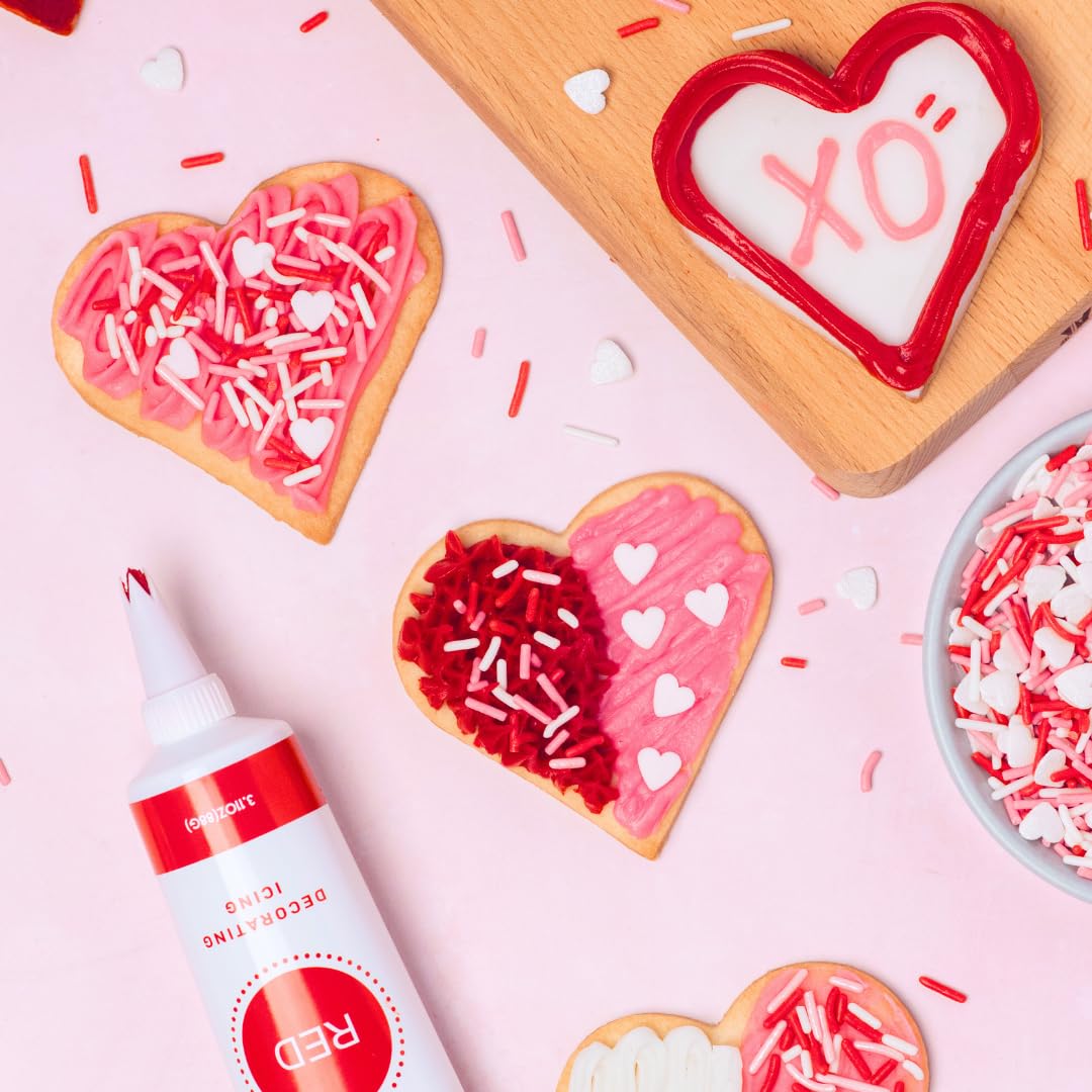 Sweets Indeed Valentines Day Frosting Decorating Set | Red White & Pink Frosting Tubes, Decorating Nozzles & Heart Jimmies Sprinkles | Baking Kit | 11.31 ounces