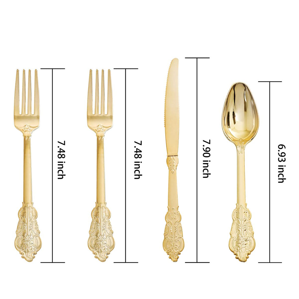 WDF 200 Pieces Gold Plastic Silverware Disposable - 50 Guests Heavy Duty Thanksgiving Gold Plastic Cutlery - Disposable Utensils Includes 100 Forks, 50 Spoons, 50 Knives Perfect for Party/Weeding