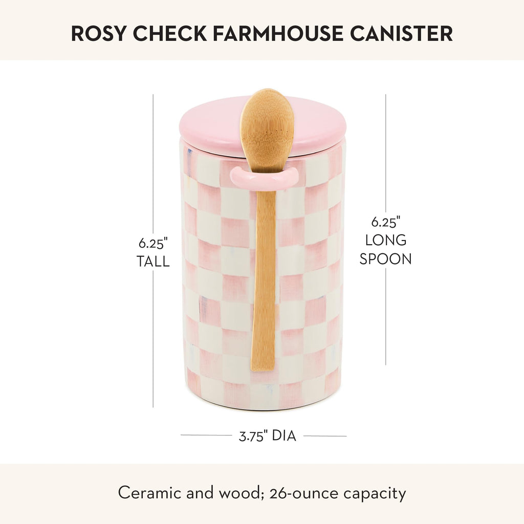 MACKENZIE-CHILDS Ceramic Farmhouse Canister, Versatile Kitchen Storage Container for Flour and Sugar, 26-Ounce Capacity, Pink-and-White Rosy Check