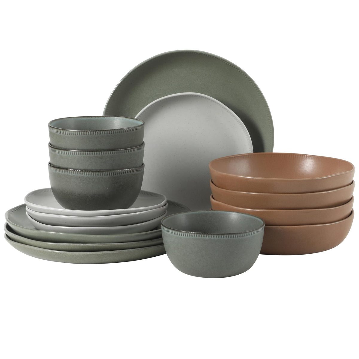 Gibson Elite Menlo Park 16-Piece Pottery Clay Stoneware Dinnerware Set – White Reactive Glaze, Embossed Plates and Bowls W/Pasta Bowl, Service for 4 – Microwave & Dishwasher Safe
