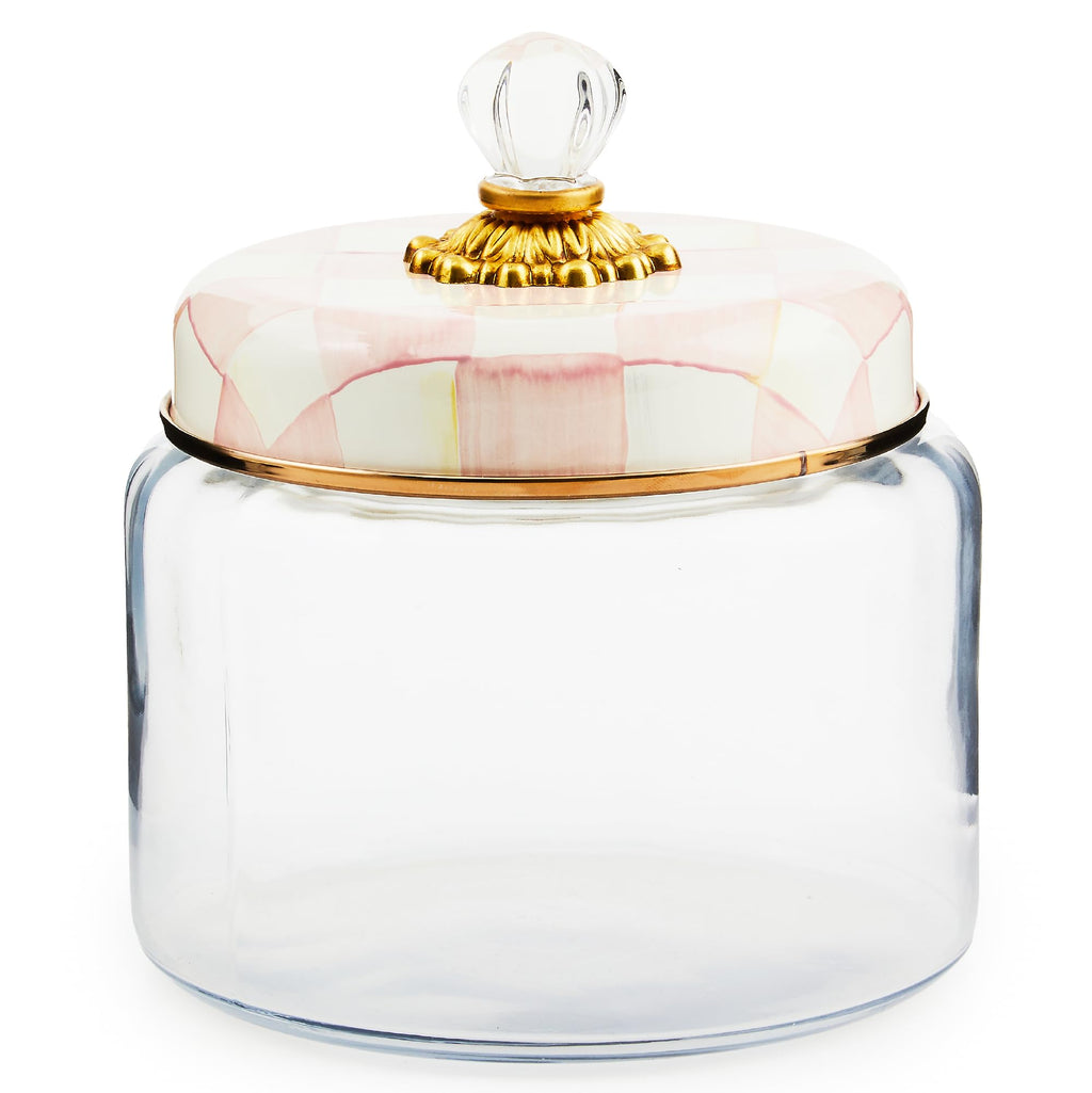 MACKENZIE-CHILDS Rosy Check Kitchen Canister, Decorative Pink-and-White Glass Storage Jar with Lid, Medium