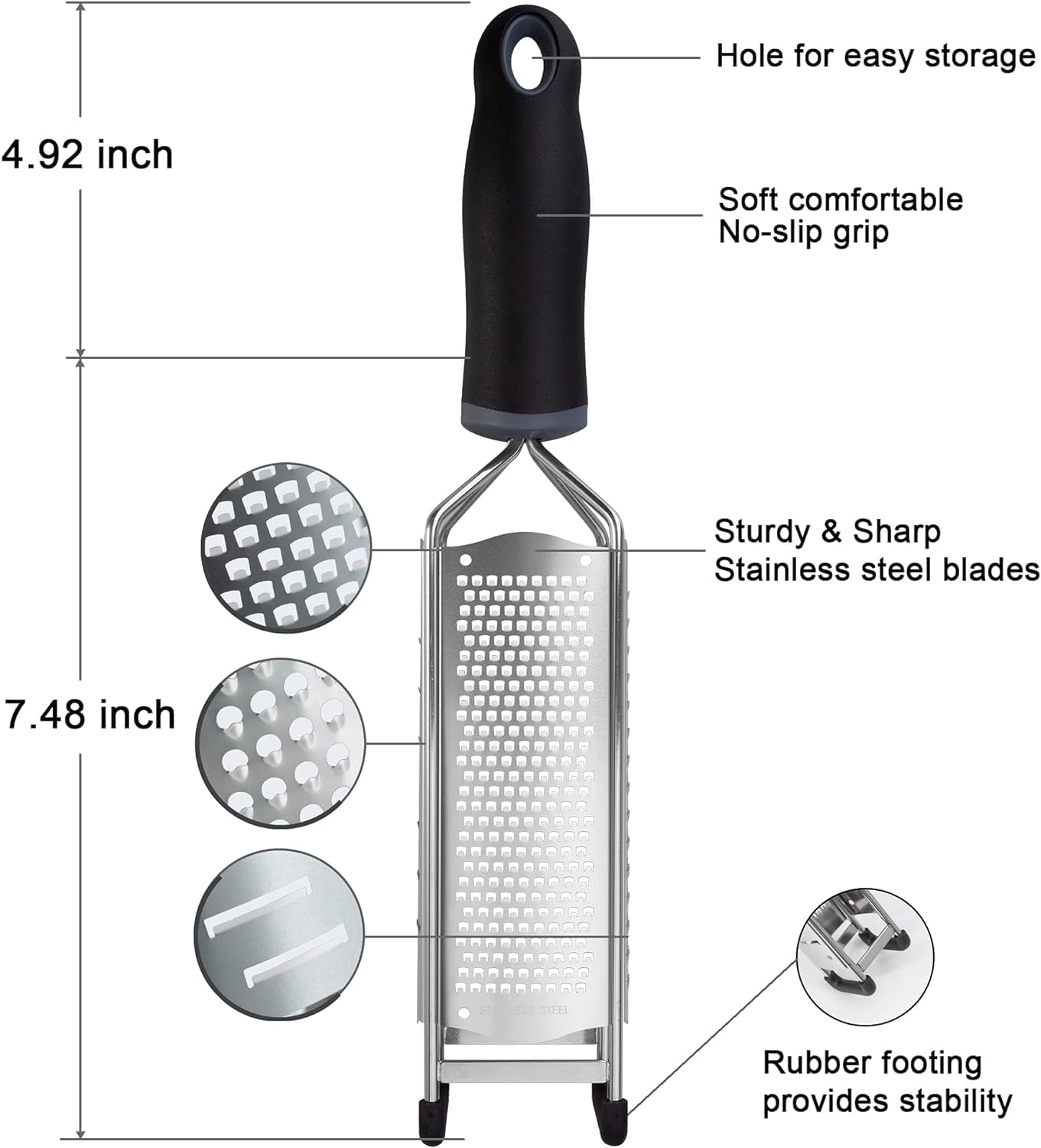 3-in-1 Lemon Zester & Cheese Grater, 304 Stainless Steel, 12-Inch, Black