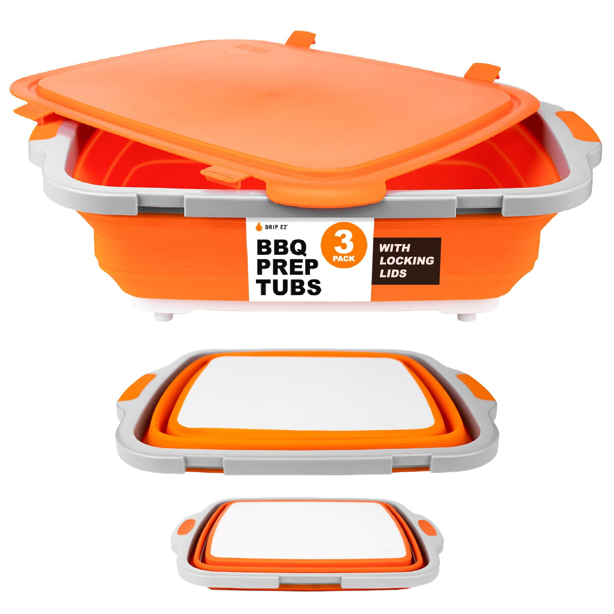 Drip EZ Collapsible BBQ Prep Tubs 3-Piece Set- For Meal Prep Marinating Food Storage - Includes Cutting Board & Lid - (1) JR + (1) OG + (1) XL - Black