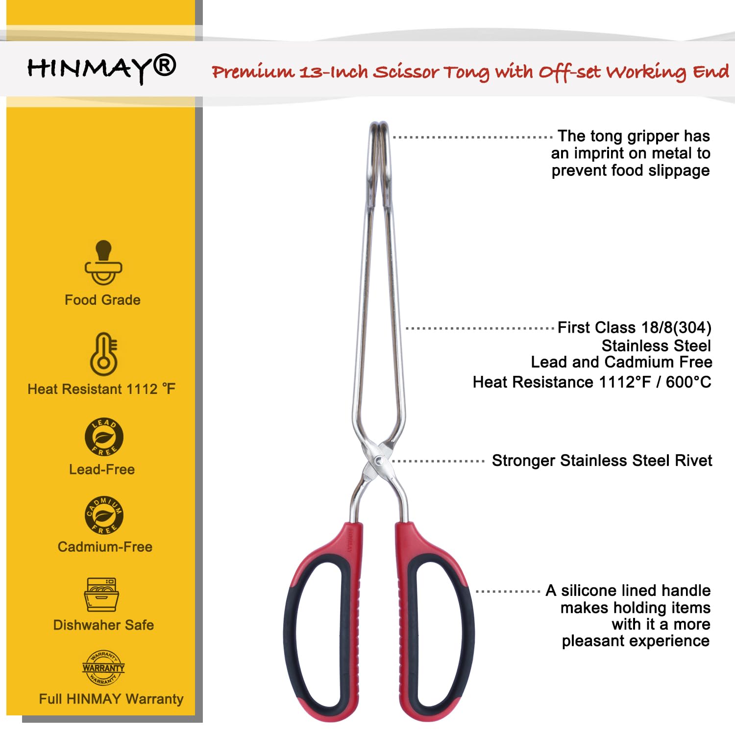 HINAMY 13" Stainless Steel Scissor Tongs with Comfort-Grip Handle, Set of 2