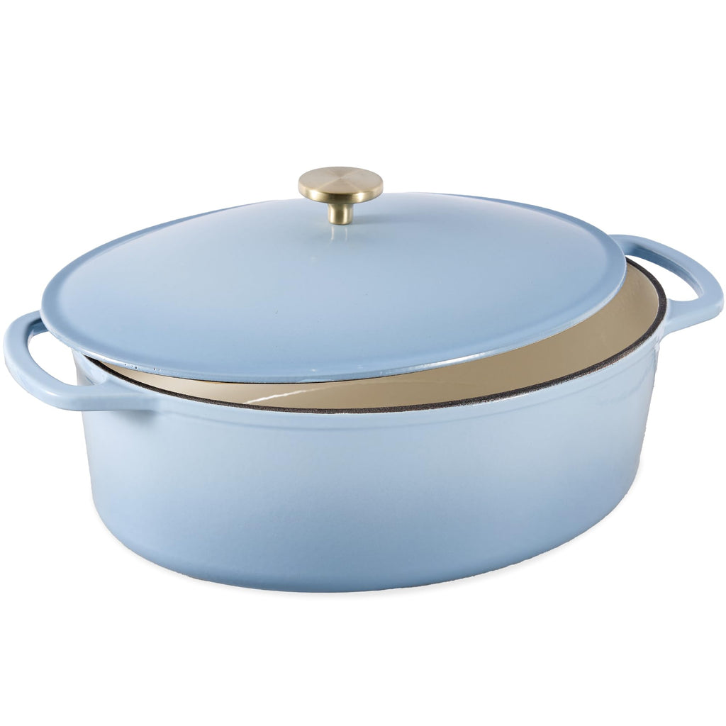 Best Choice Products Oval 7.5 Quart Enamel Cast-Iron Dutch Oven, Heavy-Duty Pre-Seasoned for Baking, Cooking w/Side Handles – Cornflower Blue