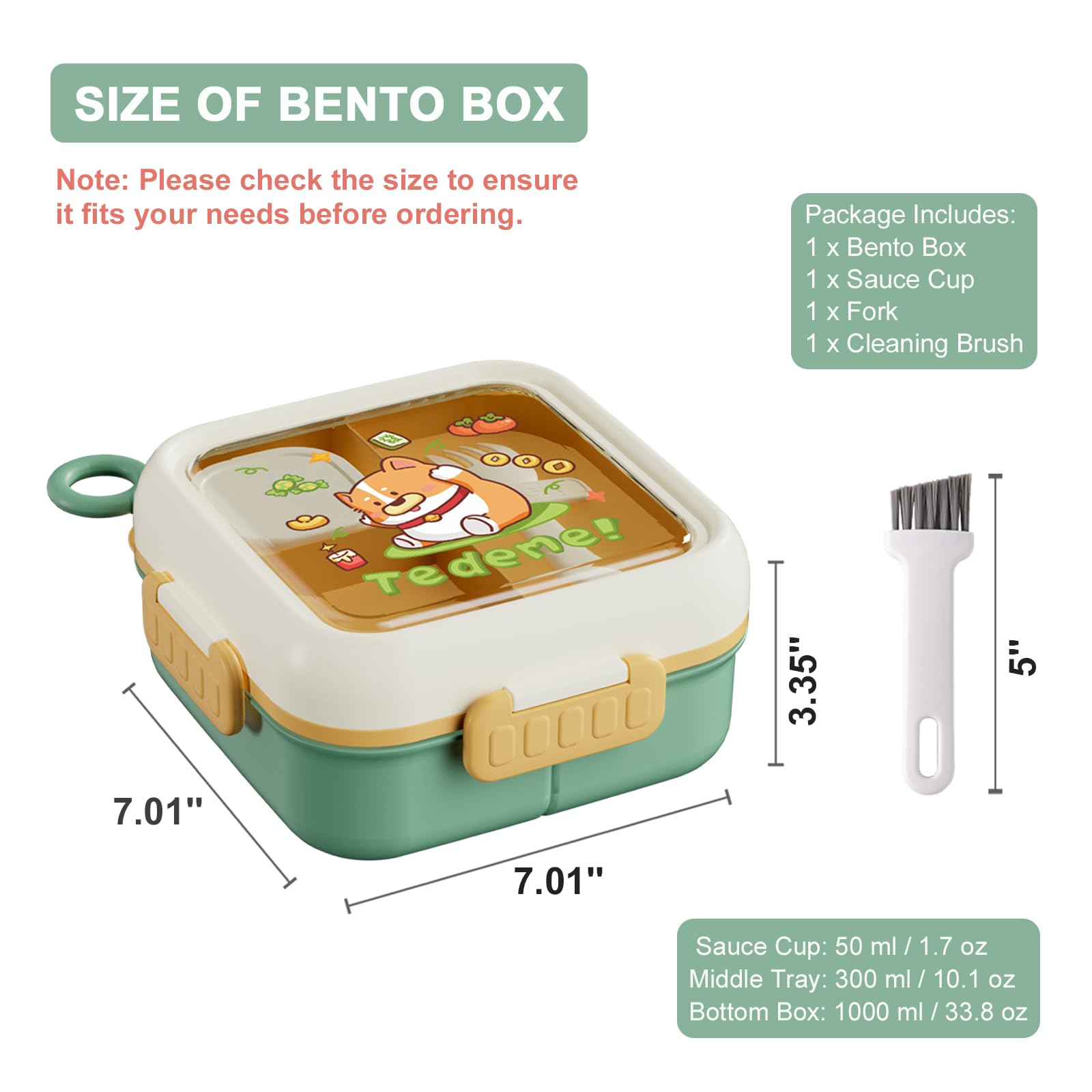 SAYAPE Bento Box for Kids & Adults – Cute Cartoon 2-Layer Lunch Box with Fork, Sauce Cup & Brush, BPA-Free, 3-Compartment Square Snack Container with Handle for School, Office, or Travel (Green)