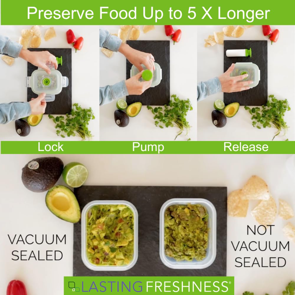 Lasting Freshness Vacuum Seal Food Storage Containers with Hand Pump – BPA-Free Plastic, Airtight Meal Prep & Leftovers Containers, Keep Food Fresh 5X Longer, 19-Piece Set