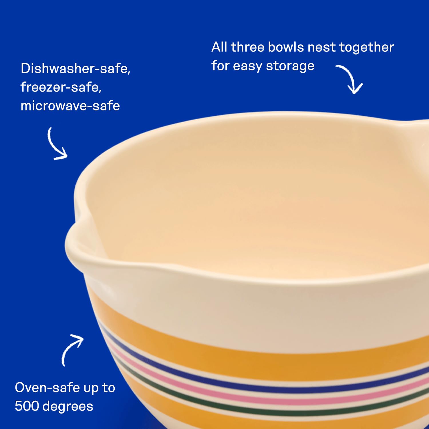 Great Jones 3-Piece Ceramic Mixing Bowl Set(6.8", 9.1", 12") (Striped)