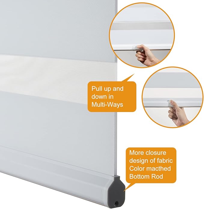 Persilux Cordless Zebra Blinds for Windows Free-Stop Roller Window Shades (22" W X 64" H, White) Dual Layer Light Control for Day and Night, Light Filtering Sheer Shades for Home, Easy to Install