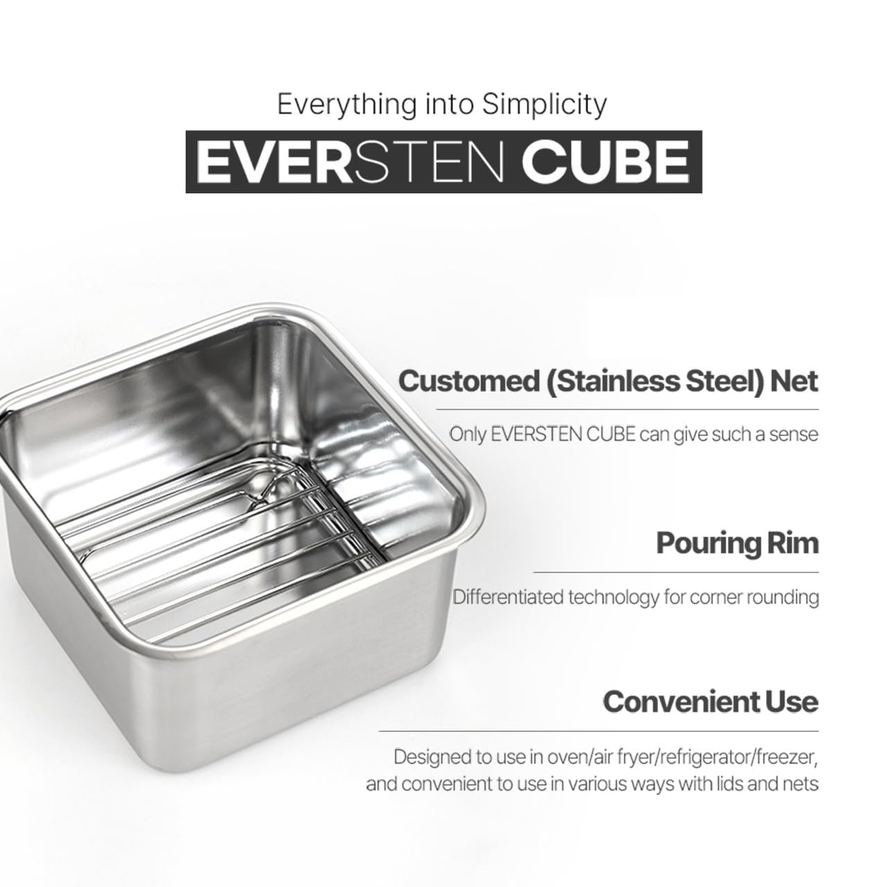 EVERSTEN CuBE High 3PCS Set Stainless Steel Food Storage Containers With Lids and 3 Net Kitchen Appliances Dishwasher Safe Premium South Korea