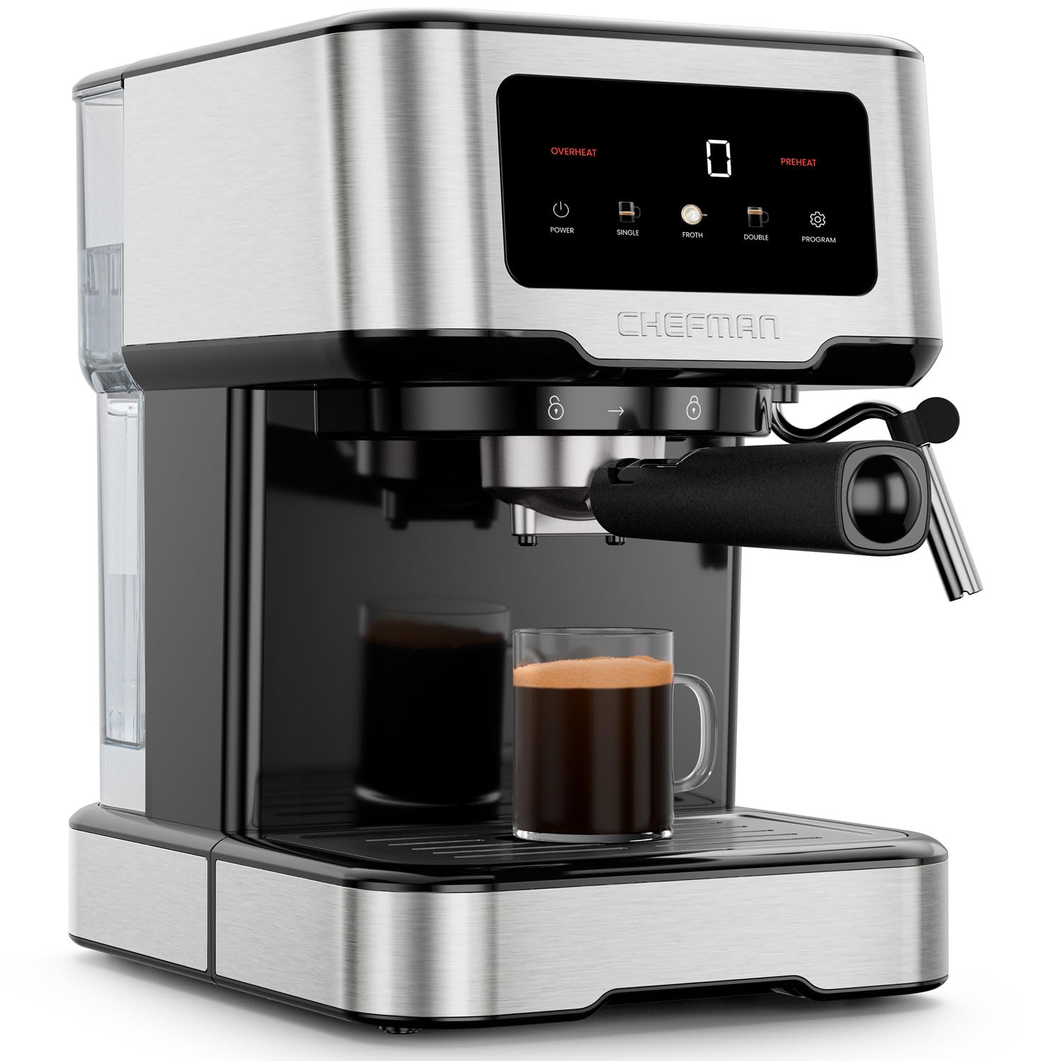 Chefman CraftBrew Espresso Machine, 15-Bar Pump Digital Espresso Maker w/Steam Wand for Latte & Cappuccino, Compact Espresso Coffee Machine w/ 1.5L Removable Water Reservoir - Stainless Steel