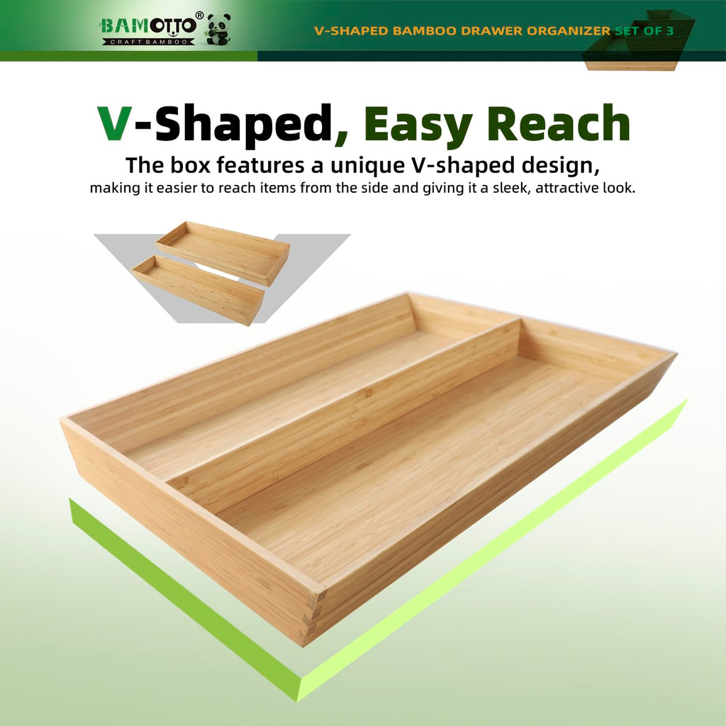 BAMOTTO CRAFTBAMBOO Large Long V-Shaped Bamboo Drawer Organizer Set of 3