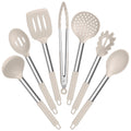 E-far Silicone Cooking Utensils Set, 7 Pcs Heat Resistant Kitchen Utensils with Stainless Steel Handle, Slotted Turner, Spoon, Soup Ladle, Pasta Server, Skimmer, Tongs for Nonstick Cookware, Khaki