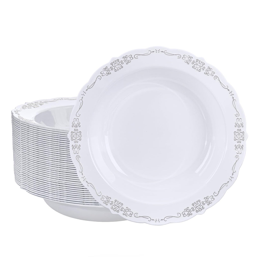 DaYammi 30 Pack Plastic Bowls with Silver Rim, 12oz Disposable Soup Bowls, Silver Bowls Disposable Heavy Duty Dinner Bowls for Weddings,Plastic Serving bowls Parties,Dinners,Catering and Everyday Use
