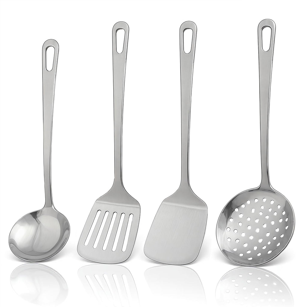 4pcs Cooking Utensils Set - Stainless Steel Kitchen Utensils, Heavy Duty Metal Kitchen Tools with Stainless Steel Spatula Solid & Slotted Turner, Ladle, Skimmer, Dishwasher Safe Easy to Clean