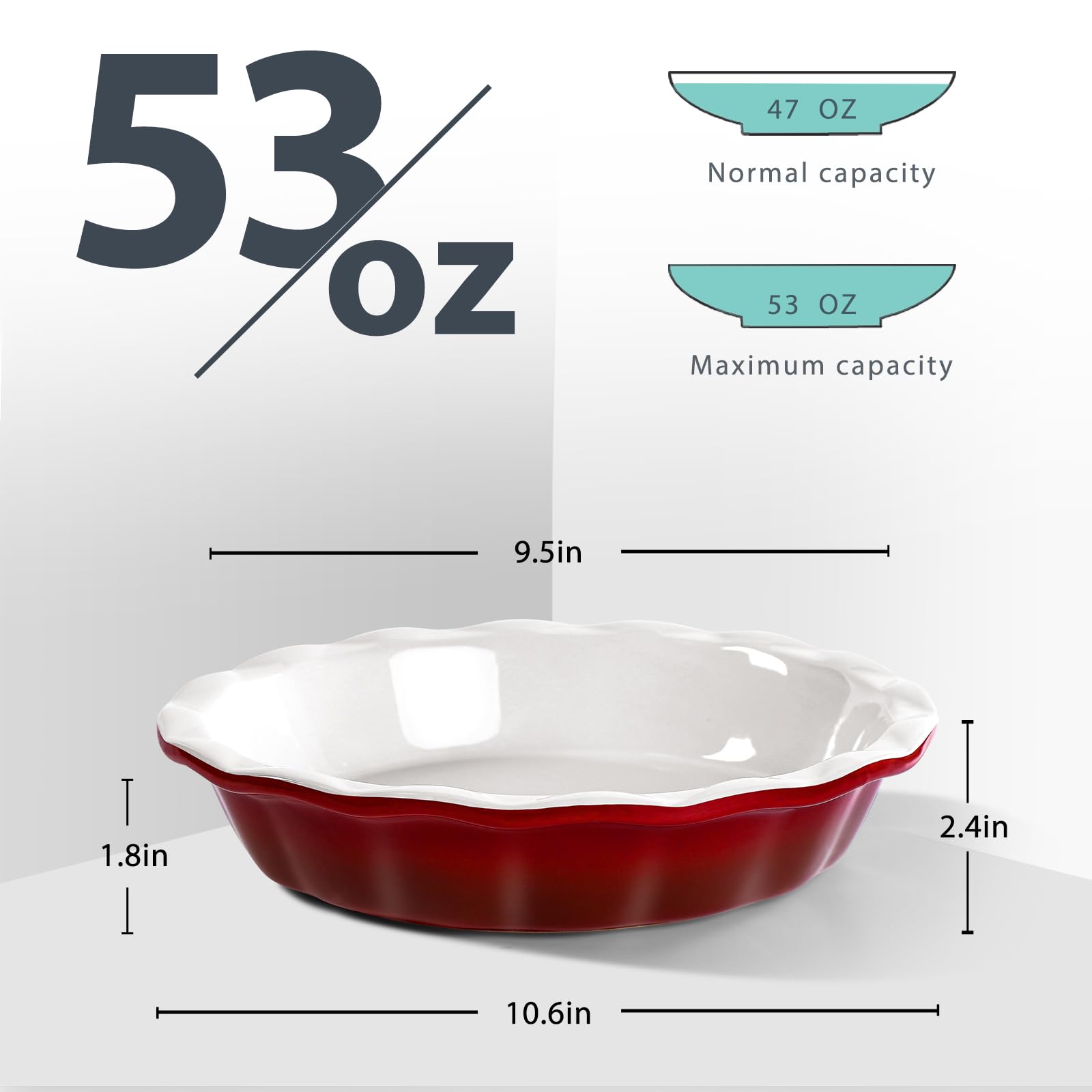 Lareina Deep Dish Pie Pan for Baking, 9 Inch Ceramic Fluted Pie Dish for Apple, Quiche, Pecan, Pot Pies, 53 Ounce Round Pie Plate, Set of 2, Red