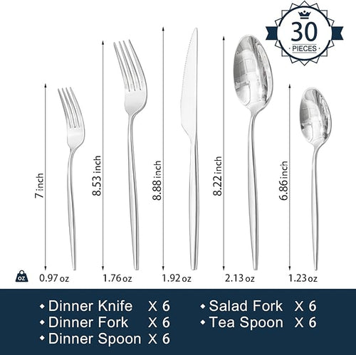18/10 Silverware Set for 6, 30 Piece Stainless Steel Flatware Cutlery Set