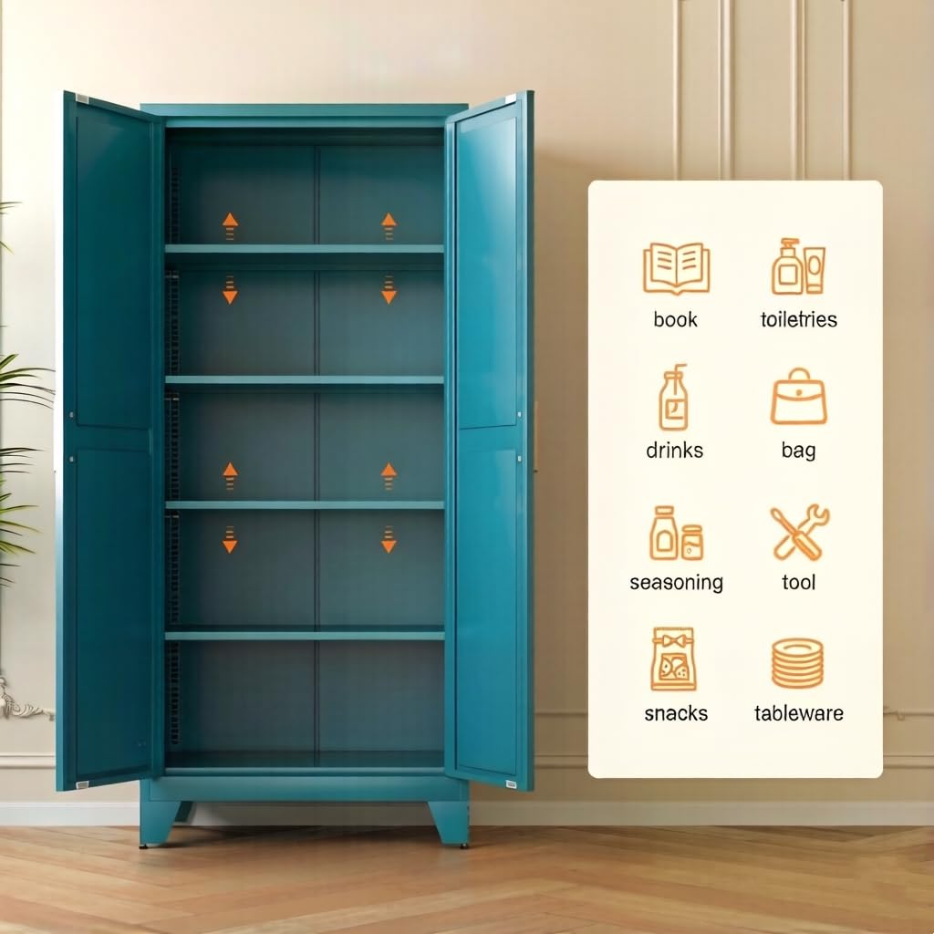 LCAOPC 71" Tall Metal Storage Cabinet with 2 Doors and 4 Adjustable Shelves, 5-Tier Kitchen Pantry Storage Cabinet for Kitchen, Living Room, Dining Room and Office, Blue