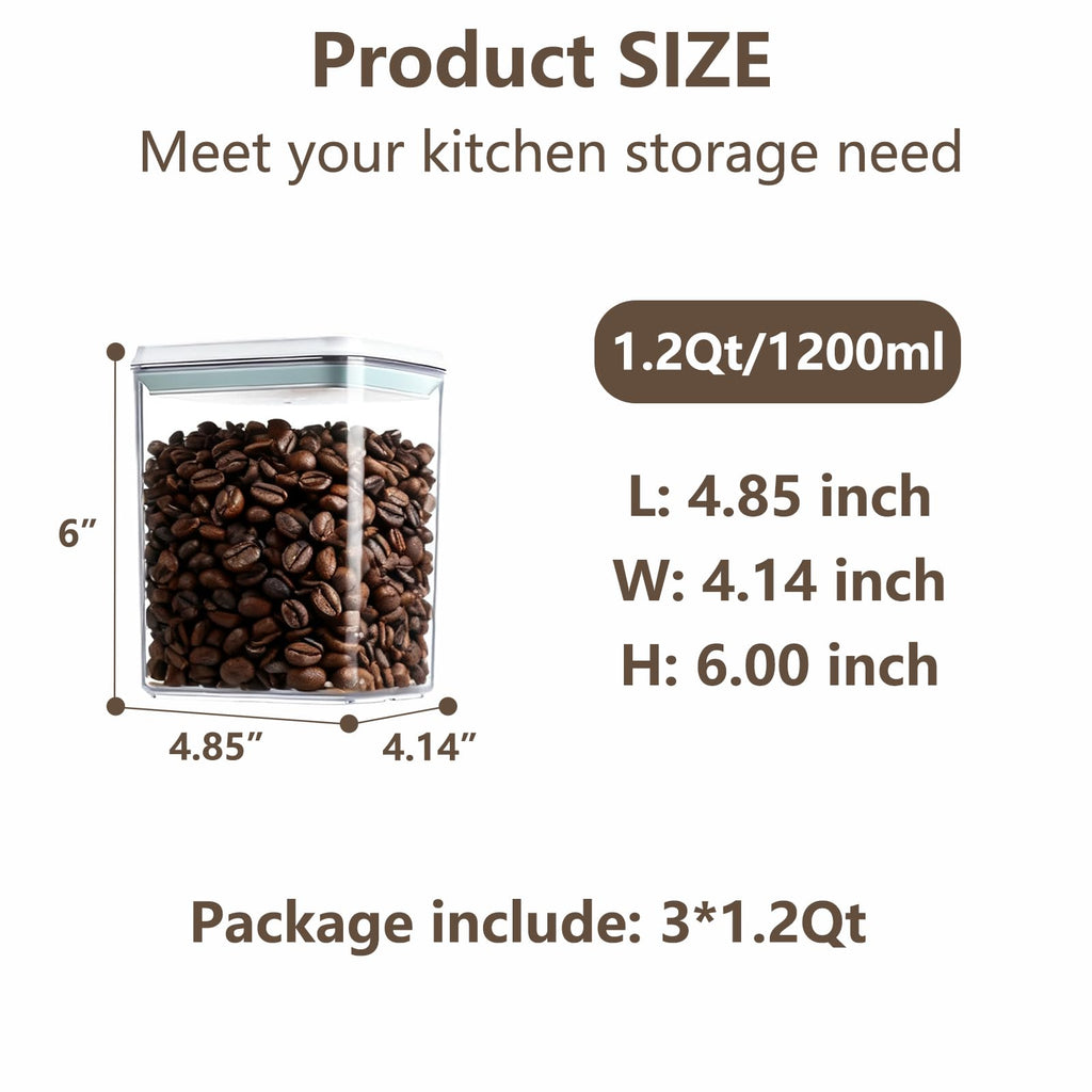 Hontent Pop Food Storage Containers Set Airtight Food Storage Containers with Pop Lids, Kitchen Pantry Organization and Storage, Cereal, Rice, Flour, Pasta & Snack Container, BPA Free, 3 x 1.2Qt