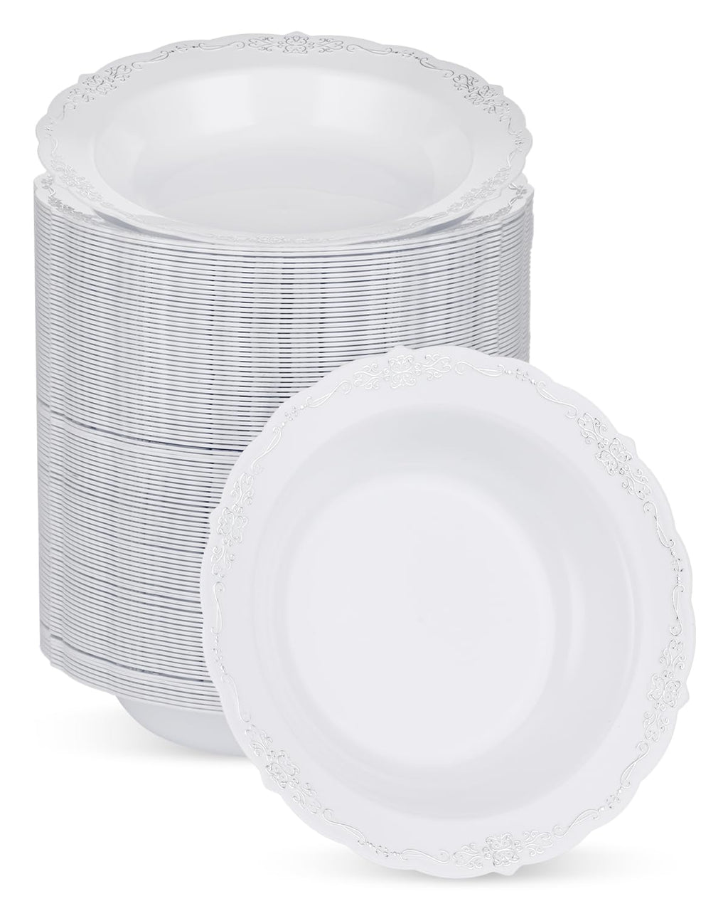 Bestluck 100 Pack White Plastic Bowls with Silver Rim