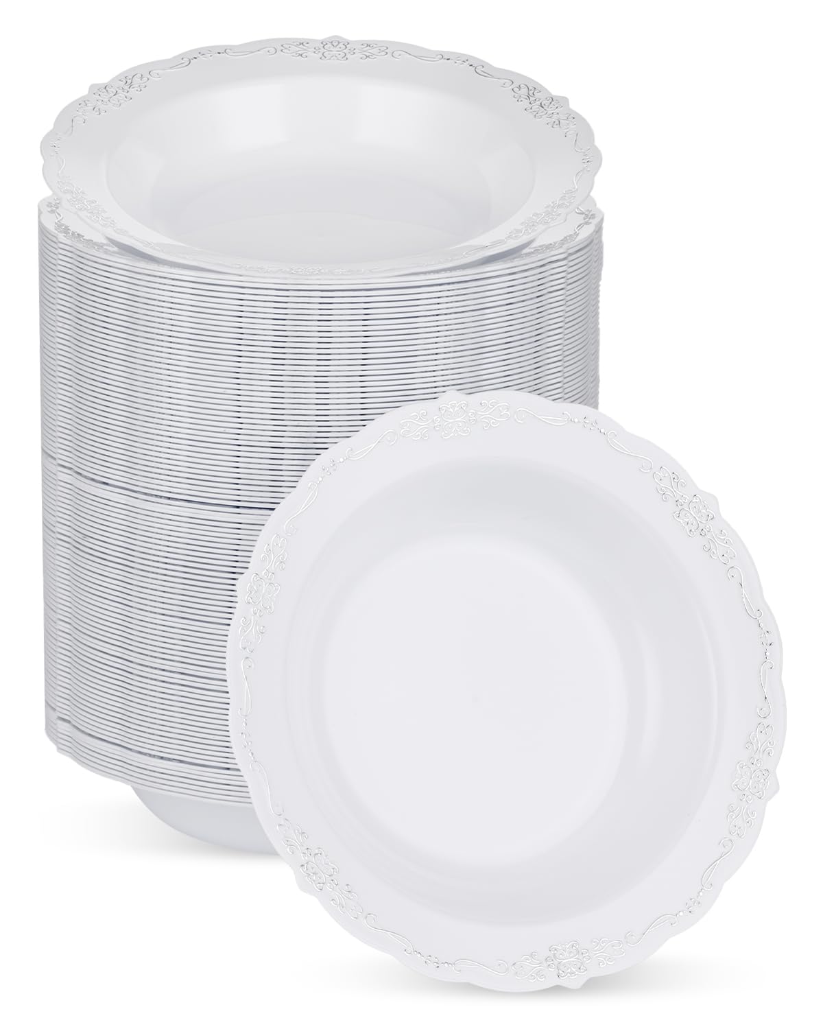 Bestluck 100 Pack White Plastic Bowls with Silver Rim