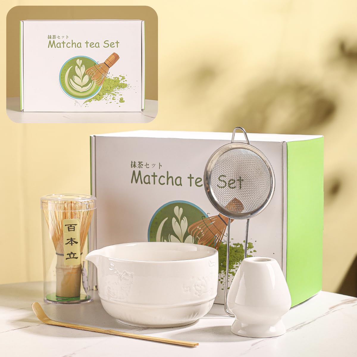Matcha Tea Set, 5-Piece Ceramic Matcha Bowl & Whisk Kit with Cute Cat Pattern, Traditional Japanese Chawan, Scoop & Sifter, Perfect for Tea Ceremony, Gift for & Tea Lovers (Purple;)