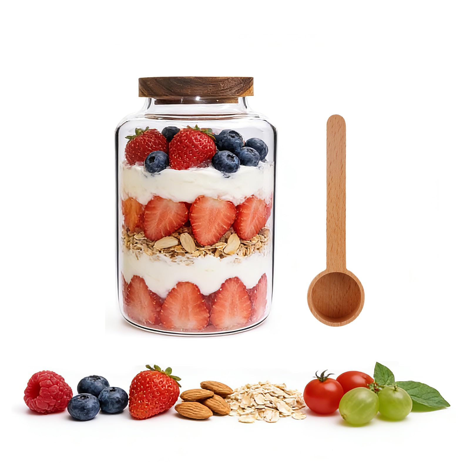 OULOVECO Glass Coffee Storage Jar with Lids Scoop Round Glass Coffee Ground Containers Borosilicate Glass Food Canister for Cereals Oats Beans Nut Sugar Candy Spice Rice Tea