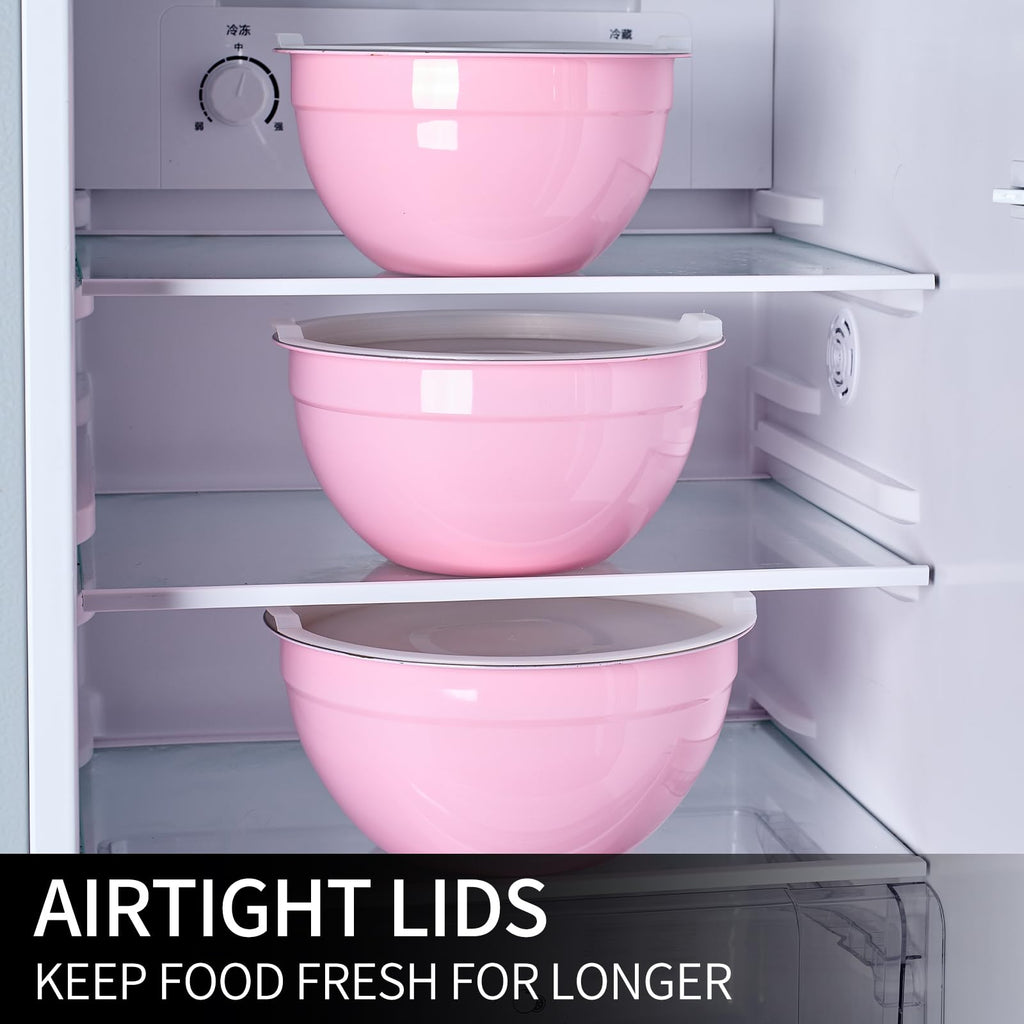 LKTDYMEG Pink Mixing Bowls with Lids Set of 7, Stainless Steel Nesting Bowl with Khaki Lid for Non-slip Mixing Prepping Storing Serving, 7 Sizes-7/3.6/2.7/2.1/1.5/1/0.8 QT