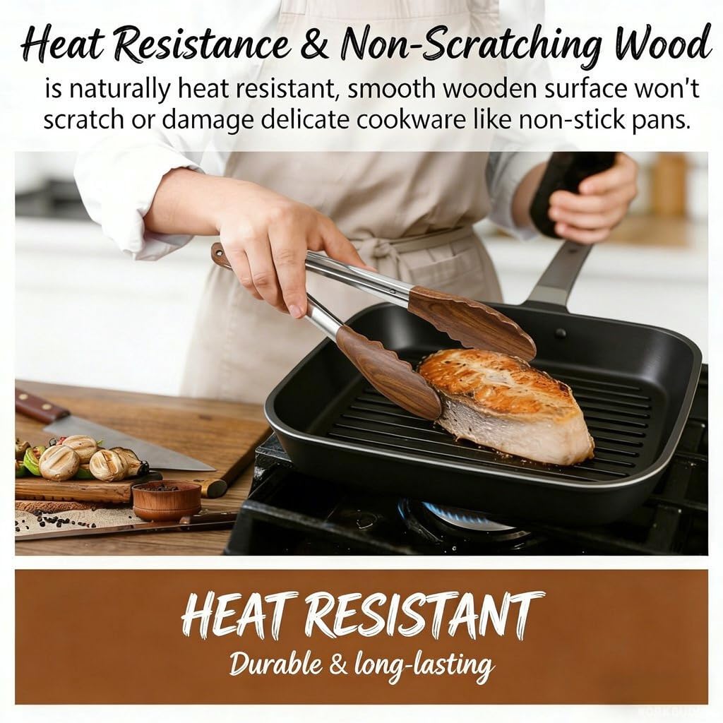 Wooden Tongs for Cooking Heat Resistant 2 Pcs 9 Inch 12 Inch Wooden Salad Tongs with Wood Tip for Serving Food Walnut Wood Kitchen Utensils for Toaster Home Chefs Gift Suitable for Non-stick Cookware