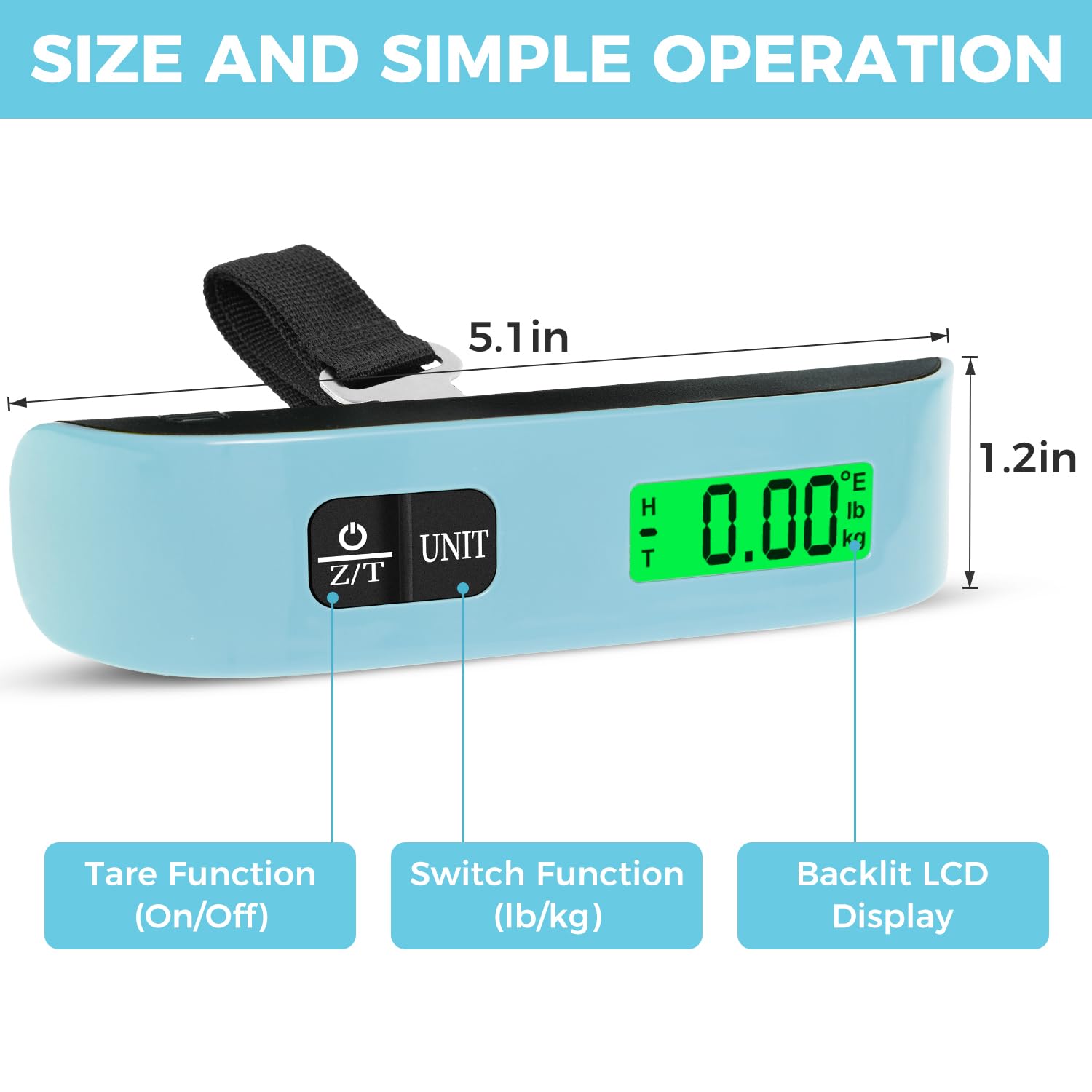 BAGAIL Digital Luggage Scale, 110lbs Hanging Baggage Scale with Backlit LCD Display,Portable Suitcase Weighing Scale,Travel Luggage Weight Scale with Hook,Strong Straps for Travelers(Mint)